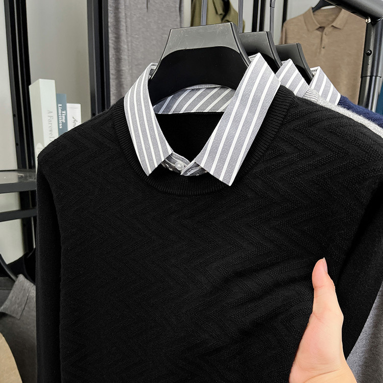 Suéter de hombre con solapa jacquard otoño y invierno viejo dinero falso dos piezas casuales simple fundación de manga larga jersey de punto