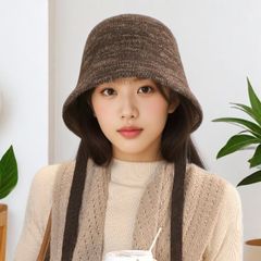 日系混色飘带针织渔夫帽子女秋冬季大头围百搭简约休闲显脸小盆帽