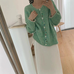 韩版彩扣撞色软糯百搭针织开衫女2025秋冬新款宽松显瘦圆领毛衣潮