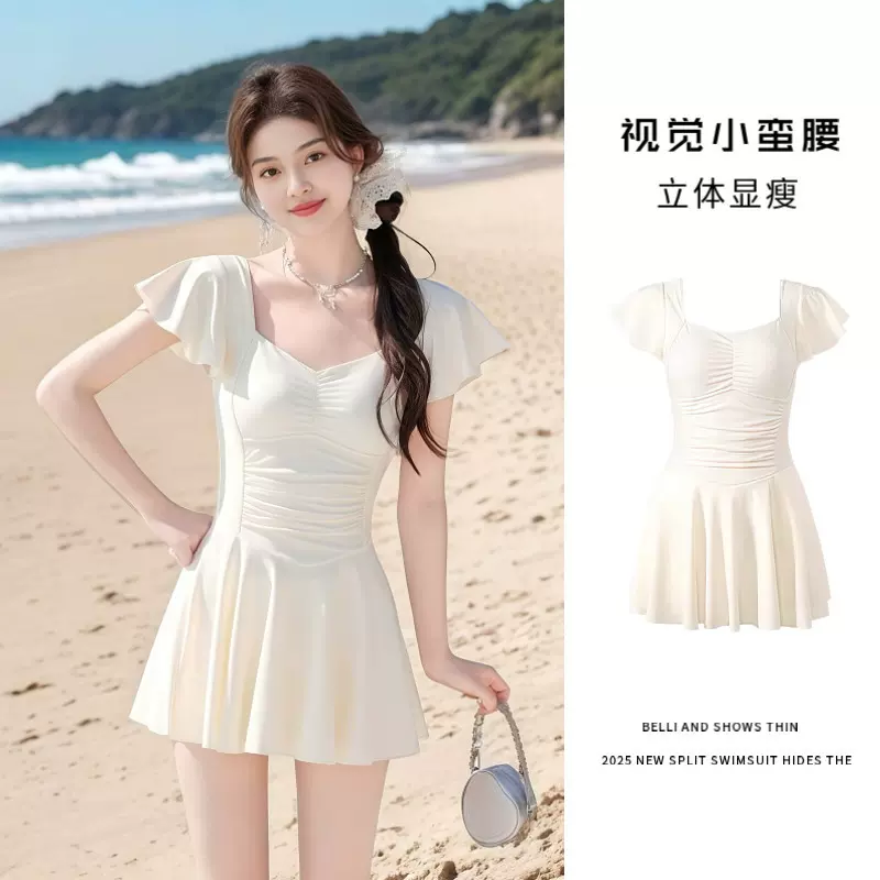 吊带连体泳衣女纯欲风高级感保守显瘦遮肉韩版少女温泉海边游泳衣