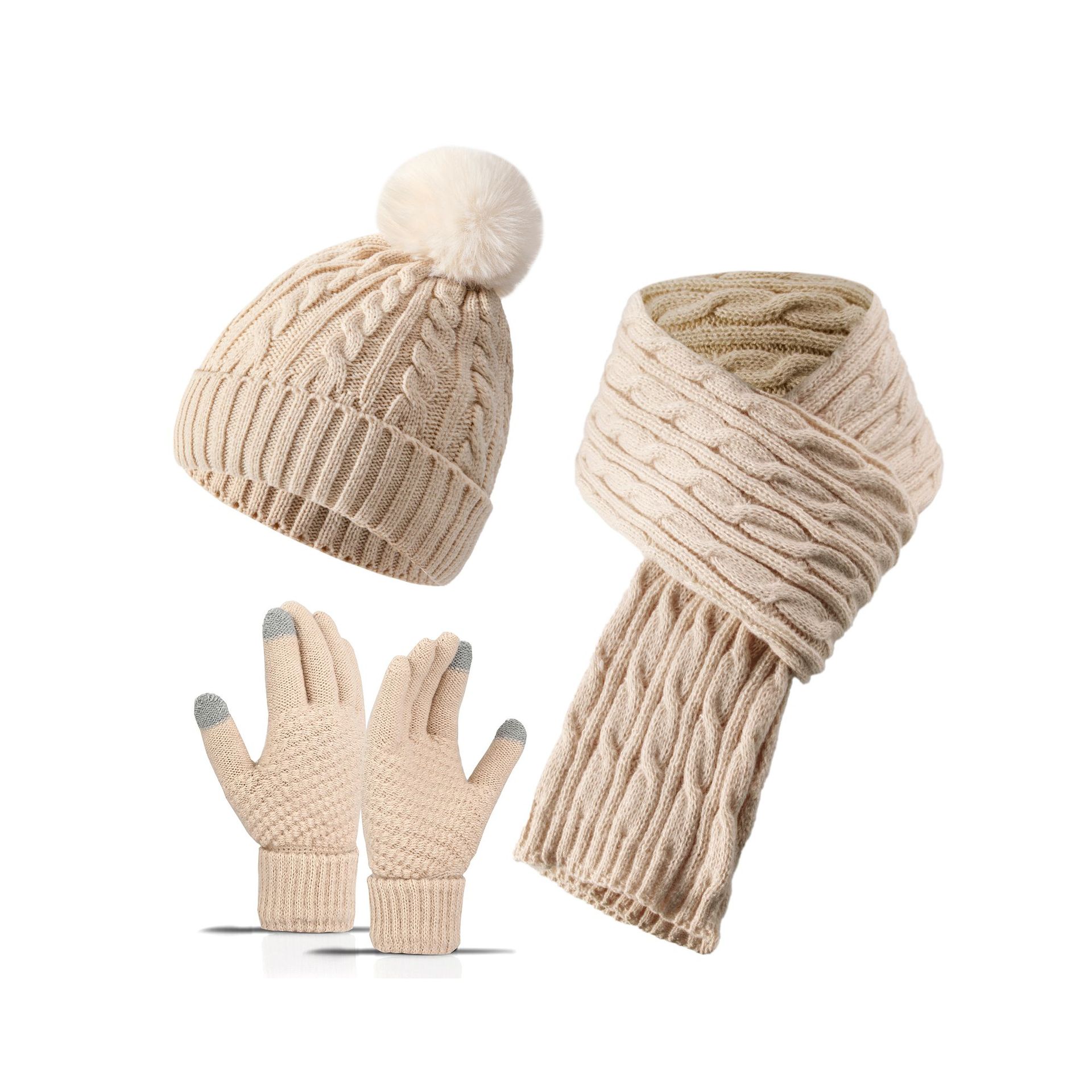 Cross-Border Amazon Winter Women's Warm Plus Velvet Thickened Windproof Knitted Solid Color Hat Scarf Gloves Three-Piece Set