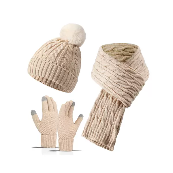 Cross-Border Amazon Winter Women's Warm Plus Velvet Thickened Windproof Knitted Solid Color Hat Scarf Gloves Three-Piece Set