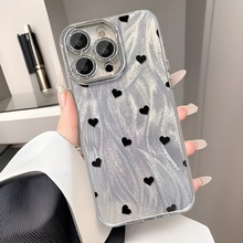 新款羽纱黑色爱心适用iPhone15手机壳14苹果16promax小众12波点11