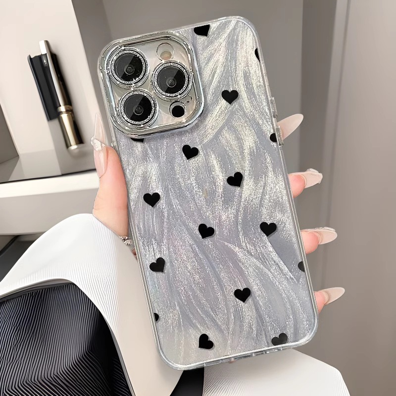新款羽纱黑色爱心适用iPhone15手机壳14苹果16promax小众12波点11