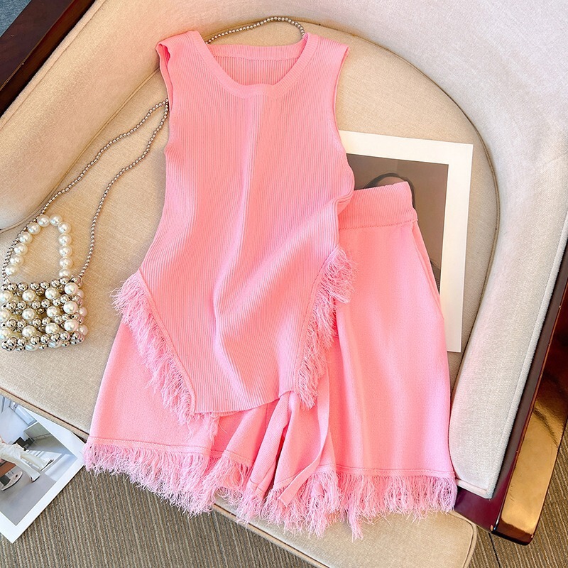 French Style Sweet and Spicy Top suit Women's Pink Tassel Knitted Camisole High Waist Wide Leg Casual Shorts