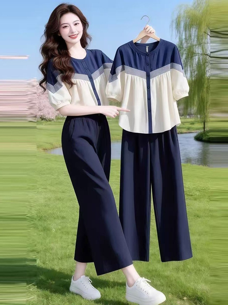 Koreyscha uslubdagi rangli ikki qismli ayollar yozgi keng ko'ylak, besh chorak uzunlikdagi kalta yengli ko'ylak top + keng oyoqli shimlar moda to'plami