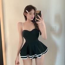 源头工厂2022新款法式复古小黑裙 日韩性感连体裙式泳装女bikini