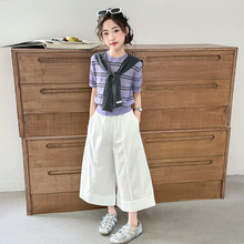 女童韩系套装2025新款中大童条纹披肩短袖阔腿裤潮范衣服外贸童装