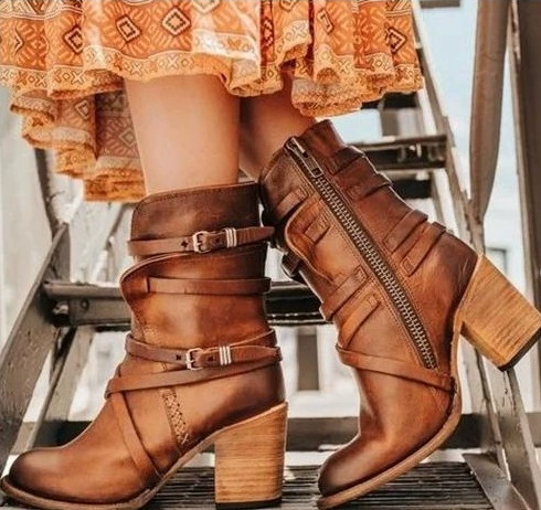 Европейская и американская внешняя торговля, трансграничный источник Amazon, женские ботинки Martin с поясом на высоком каблуке и толстом каблуке в стиле ретро с боковой молнией X2310019