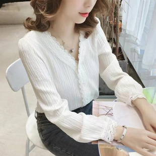 Long-Sleeved T-Shirt Women's White Spring & Fall New Versatile Top V Neck Chiffon Shirt Lace Bottoming Shirt Trendy