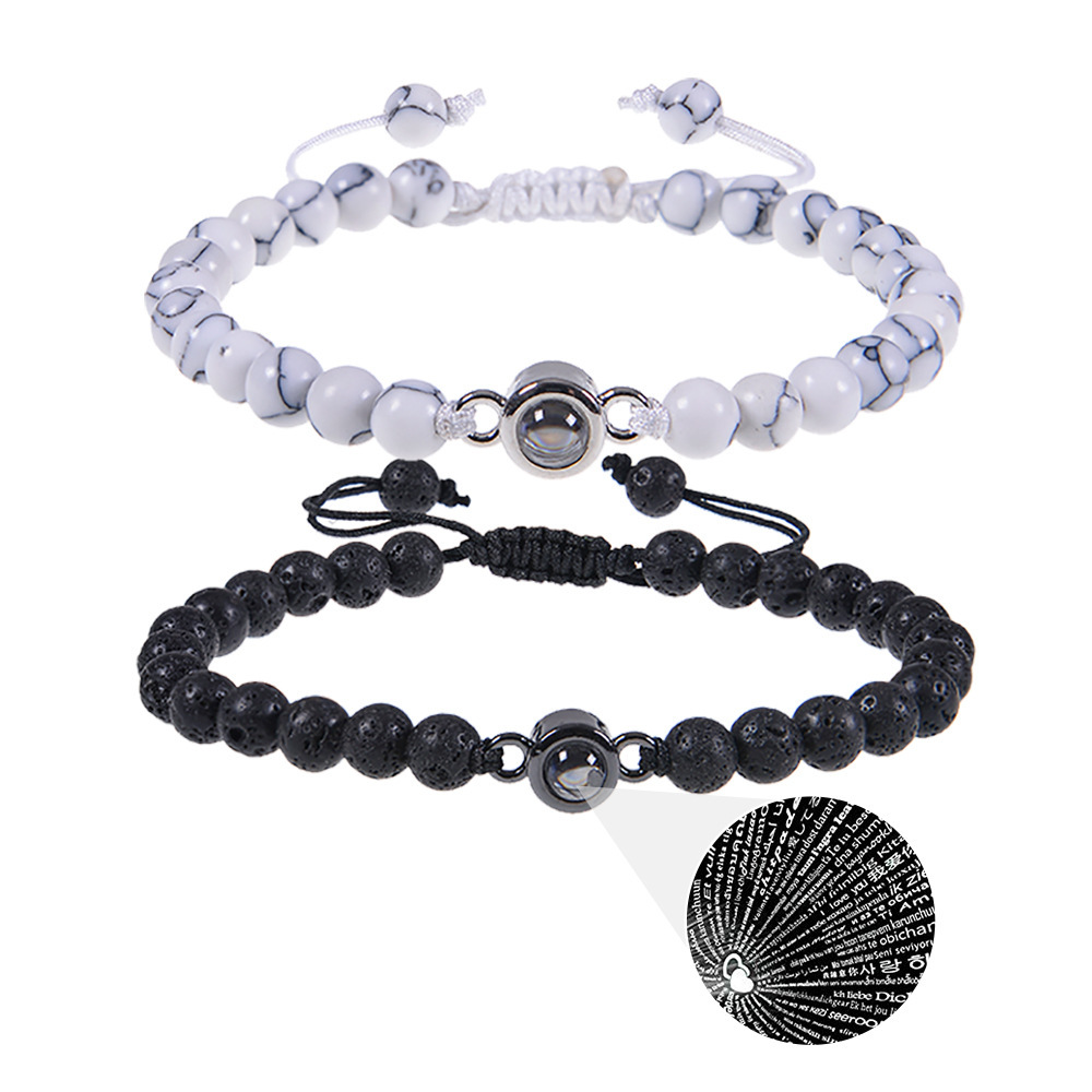 100 language projection bracelet I Love You 6mm volcanic stone white turquoise couple bracelet_voghion.com