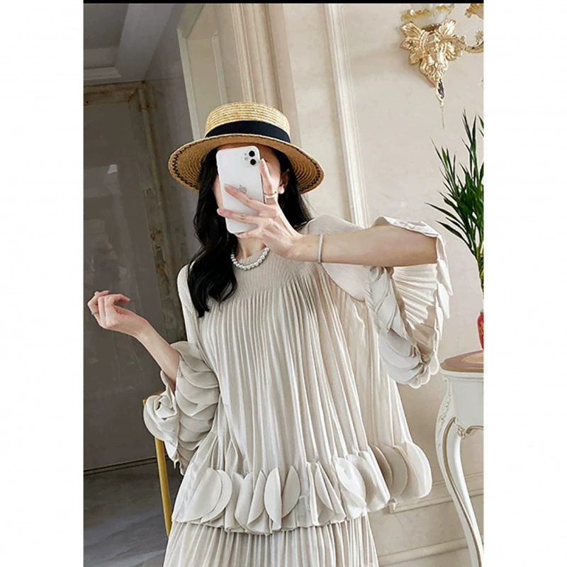 Дизайнерский свободный плиссированный топ Miyake с рюшами, элегантная женская футболка с рукавами девять четвертей в корейском стиле, новый стиль