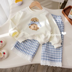 Girls Spring and Autumn Set 2025 New Bow Printed Sweatshirt Fashionable Lace Checked Casual Pants Two-piece Set