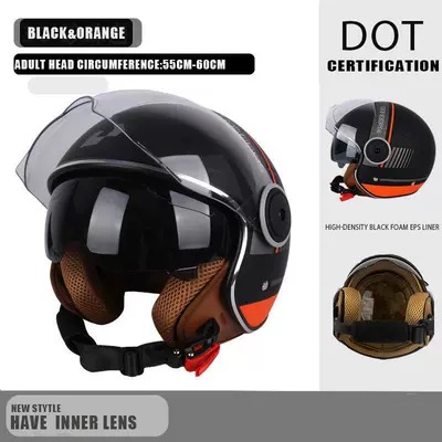Half-Covered Retro, Motosiklet kaskı (dəbilqə) - black-orange-headphones-double-mirror