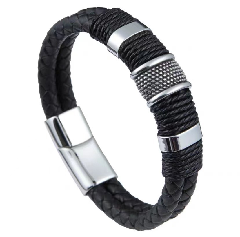 Pulseras transfronterizas europeas y americanas, pulseras trenzadas de piel de vaca de aleación retro de doble capa, pulseras con hebilla magnética de cuero a la moda para hombres