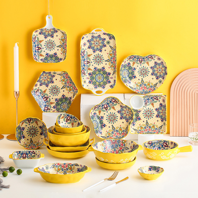 Underglaze ceramic tableware Bohemian bowl and plate set creative rice bowl noodle soup bowl household fish dish plate