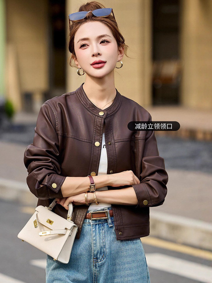 Áo khoác da nữ dáng ngắn cổ đứng tay dài phong cách retro — màu đen, nâu sẫm