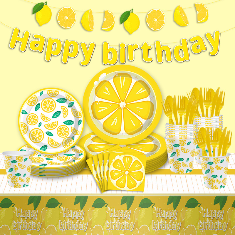 Children's Summer Party Birthday Set Lemon Fruit Plate Pull Flag Disposable Tablecloth Paper Cup Paper Plate Paper Towel Children's Summer Party Birthday Set Lemon Fruit Plate Pull Flag Disposable Tablecloth Paper Cup Paper Plate Paper Towel