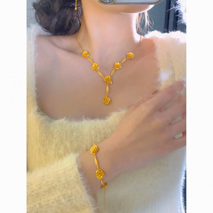 Authentic Chinese Style Sand Gold Three-piece Set Gold Plated Gold Color Camellia Necklace suit High-end Feeling for Girlfriend