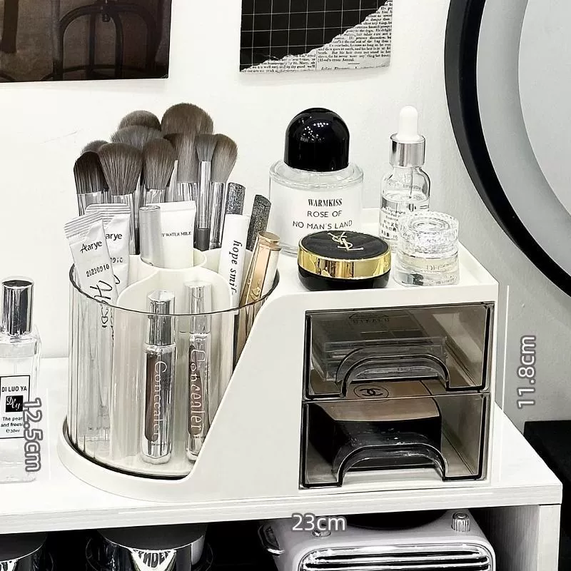 Rotating Cosmetic Organizer, Multi-Compartment Makeup Storage Box with Drawers and Brush Holder