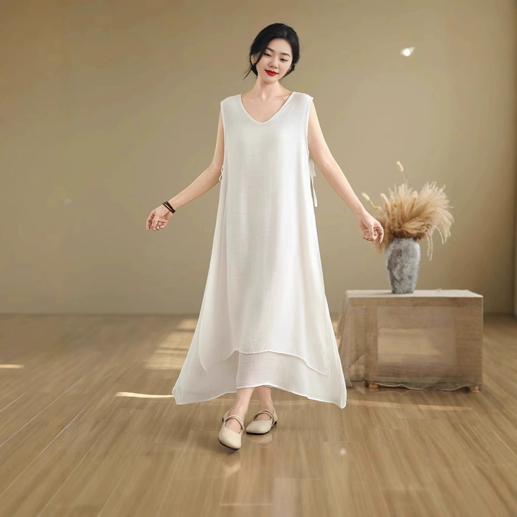 Китайский стиль без рукавов двухслойная юбка хлопчатобумажная юбка льняная длинное нижнее платье литературный фанатский жилет длинное платье
