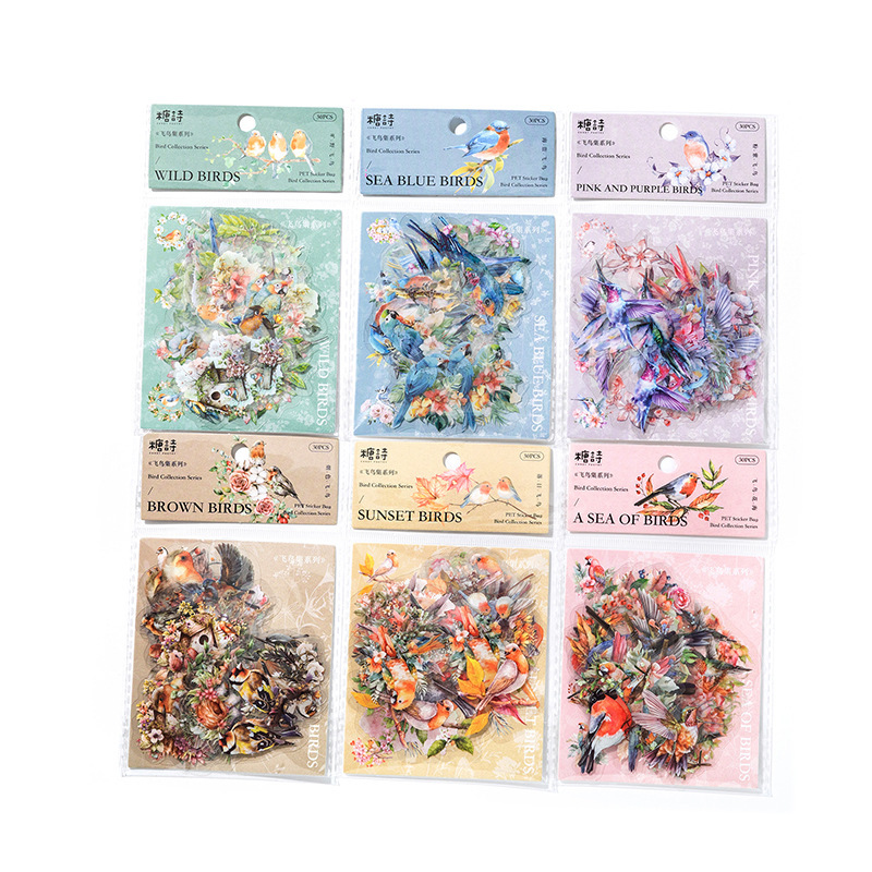 Poesía de azúcar PET tinta blanca pegatinas paquetes de aves series ins pequeñas flores frescas pájaros materiales de decoración pegatinas