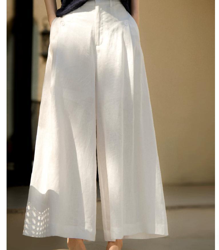 Quần culottes nữ ống rộng chất liệu linen mát mẻ mùa hè — Xanh lông mòng đen, màu trắng, màu mơ chi tiết 4