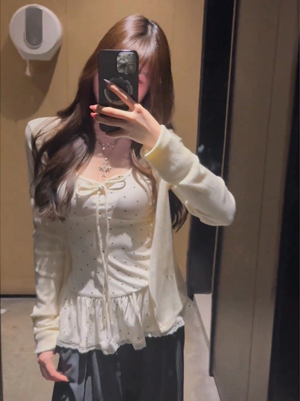 韩系甜美减龄软糯长袖开衫女装早秋季波点蝴蝶结绑带吊带套装新款|undefined