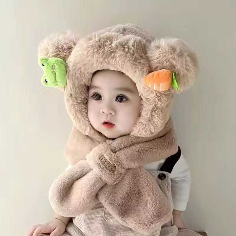 冬季儿童帽子围巾一体帽加绒加厚卡通两件套可爱超萌男女童护耳帽|undefined