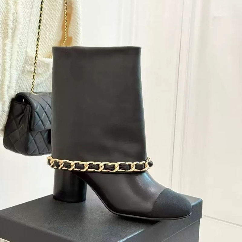 European and American Hot Girl Chain Storage Short Boots for Women 2025 Autumn and Winter Round Toe Thick Heel High Heel Sleeve Mid-Calf Short Boots Boots