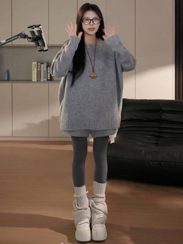 Gray Sweater Knitted Dress Women's Autumn and Winter New Style Petite High-End Coat Inner Suit