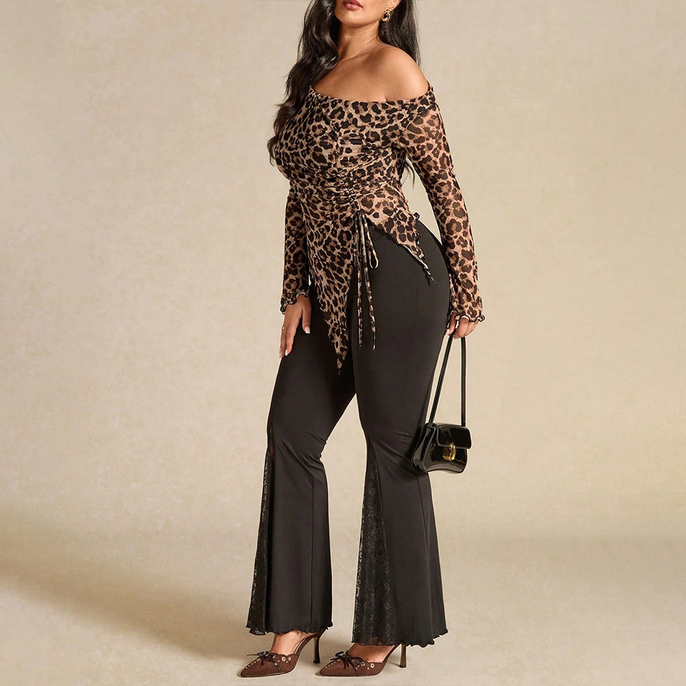 Brand Women’s Leopard Print Asymmetric One Shoulder Mesh Top, Flare Long Sleeve Slim Fit Sheer Blouse For Club Night Daily Casual Wear_ecoleips.com