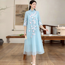 中国风女装禅茶服2022年夏季新款日常复古旗袍式古风连衣裙女6331