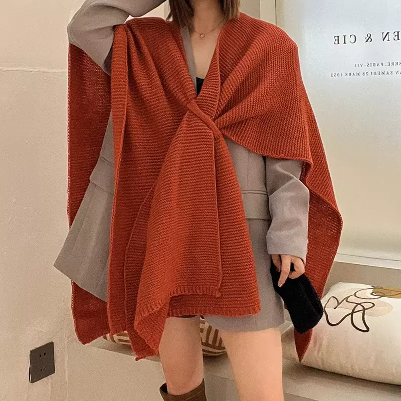韩版纯色针织仿羊绒披肩外搭女松弛感穿搭坎肩空调房围巾百搭
