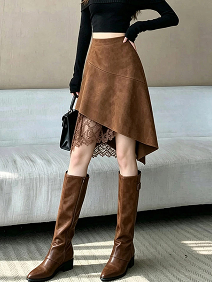 Chân váy nữ dáng chữ A eo cao lưng cao phong cách thanh lịch, chất liệu da hươu mềm mịn, thiết kế bất đối xứng, dáng trung dài — Màu cà phê đậm, màu kaki, đen