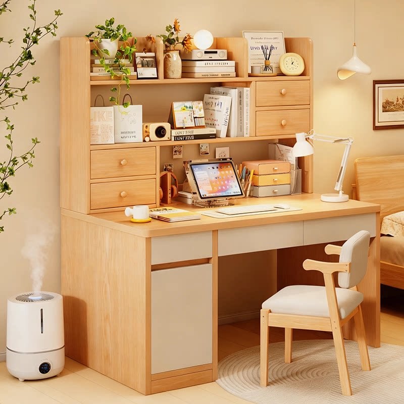 Desk and Bookshelf Integrated Table for Home Use with Drawers, Reading Table in Natural Wood Style, Student Study Writing Desk, Bedroom Computer Desk