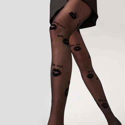 New trendy velour silk stockings, ultra-thin, women's sense, arbitrary cut, anti-snag tights, high-end lip print letter stockings