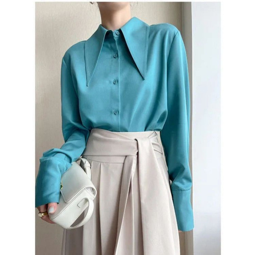 Point-collar stacked new long-sleeved shirt and blouse spring and autumn all-matching large draping French style top