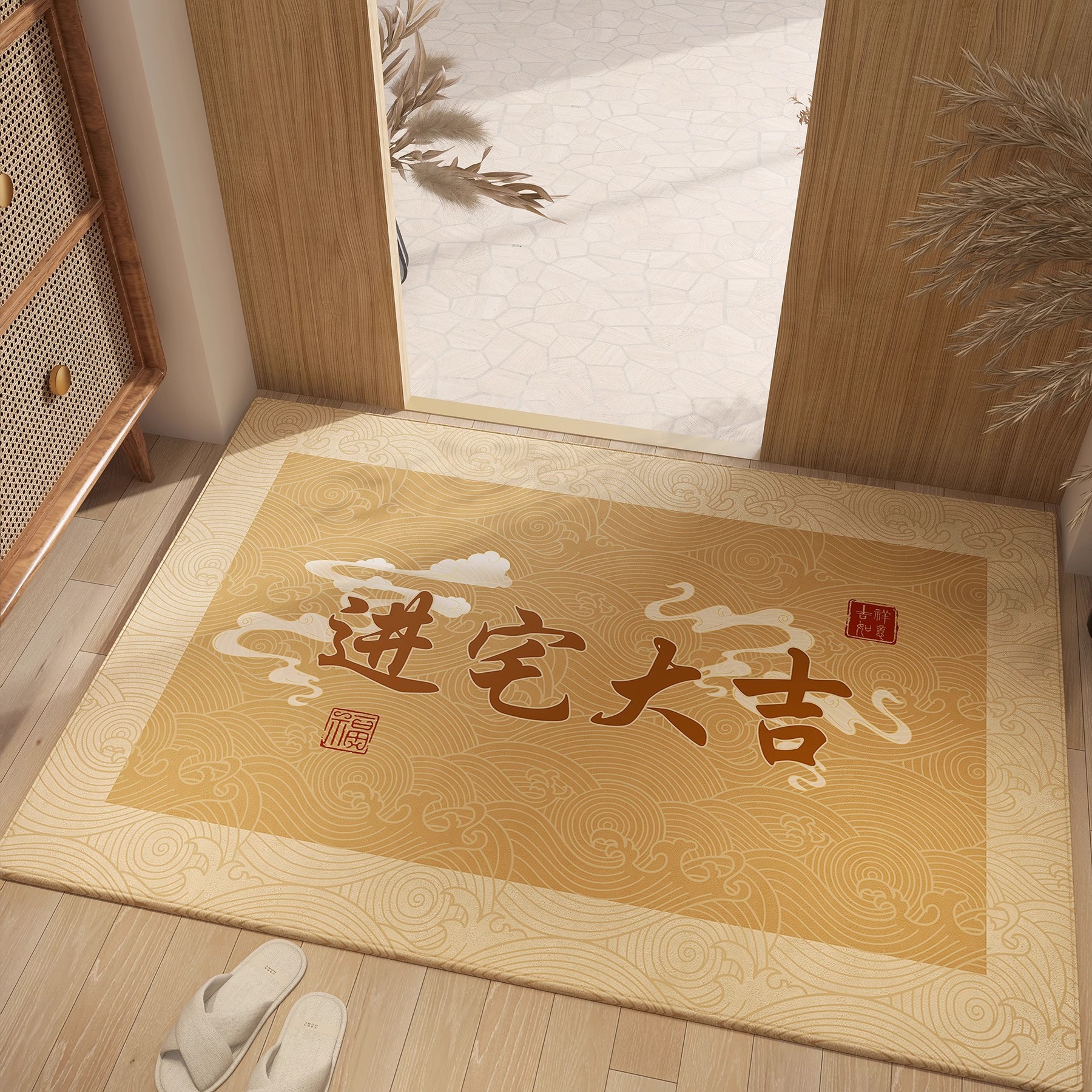Nueva alfombra de piso de puerta de entrada amarilla china, alfombra de pie antideslizante resistente a la suciedad para el hogar, alfombra dorada en la puerta