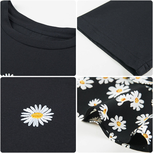 Women's Spring Short Sleeve Top Set with Daisies Half-Sleeve T-shirt and Asymmetrical A-line Skirt, Elegant Outfit