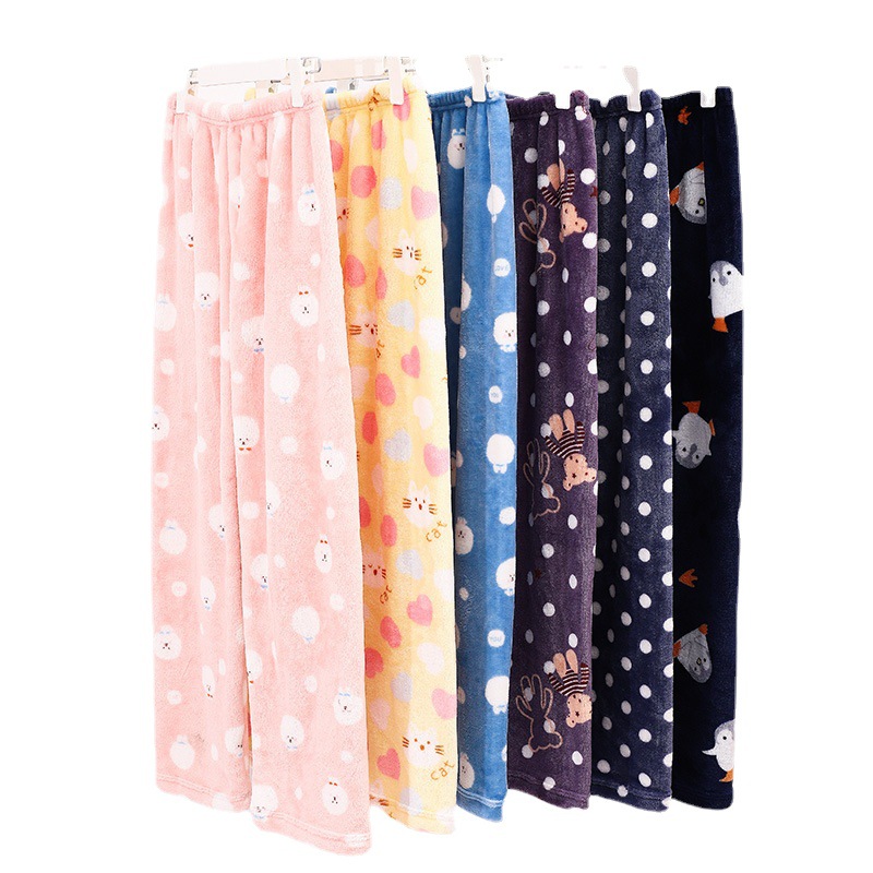 Pantalones de pijama para mujer de otoño e invierno, pantalones largos de franela, ropa de estar de forro polar coral, venta al por mayor de una sola pieza, ropa de casa cálida y dulce.