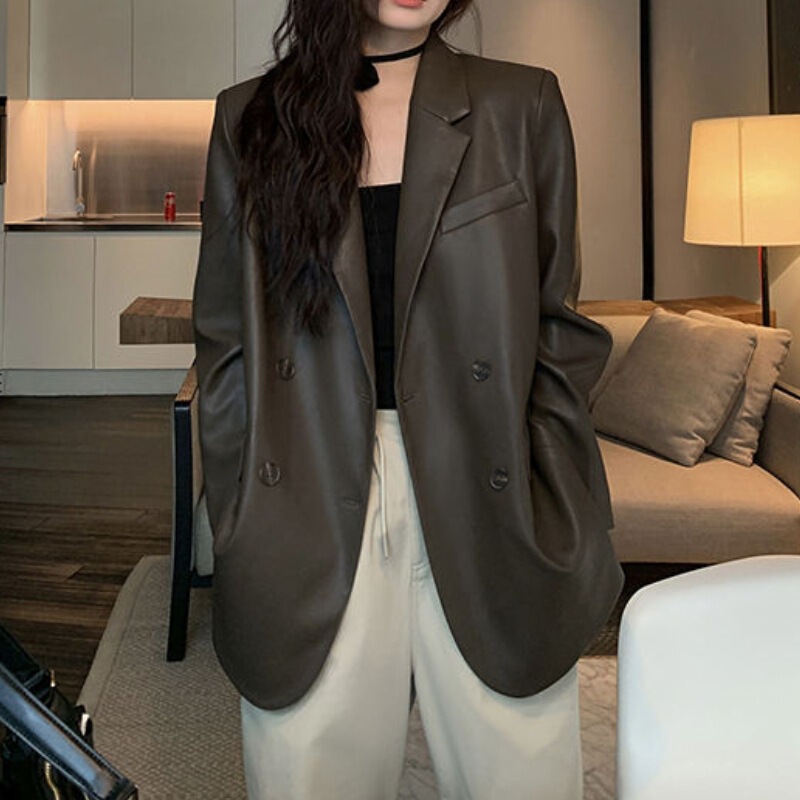 In-Stock Women's Leather Jacket 2026 Spring New Pu Leather Loose Casual Top Black Stylish Blazer Trendy