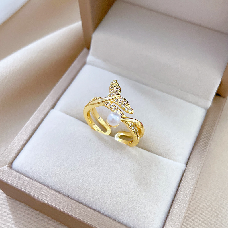 Offener Fischschwanz Perlenring Gold Design Ring Für Damen_voghion.com