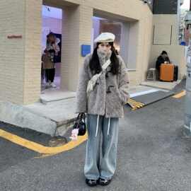 新款立领牛角扣中长款仿皮草羊羔毛毛外套女皮毛一体上衣冬季保暖