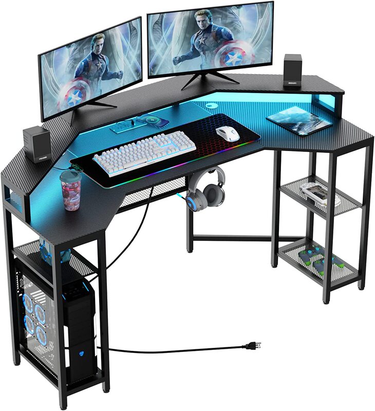 Computer desk with power socket and LED light strip, 63-inch large wing gaming table with monitor stand Computer desk with power socket and LED light strip, 63-inch large wing gaming table with monitor stand