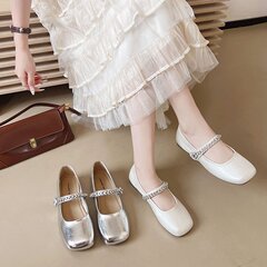 シープスキンバージョン〜本革フラットシルバーラインストーンワンストラップメリージェーンシューズフェアリースタイルパンプスイブニングシューズ