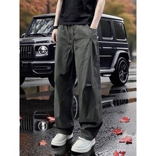 军绿色褶皱伞兵裤子男秋季美式解构宽松阔腿工装裤直筒休闲裤嘻哈