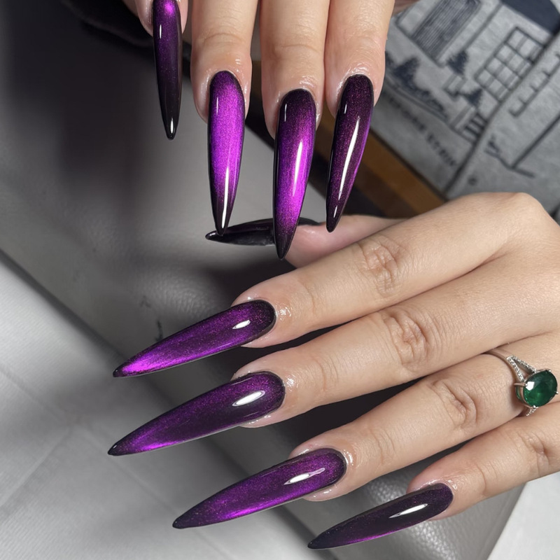 Wearable Nails for Cross-Border European and American Markets, Long Pointed Shape, Charming Purple Glitter Cat Eye, Simple Solid Color, Removable Fake Nail Patches Wearable Nails for Cross-Border European and American Markets, Long Pointed Shape, Charming Purple Glitter Cat Eye, Simple Solid Color, Removable Fake Nail Patches
