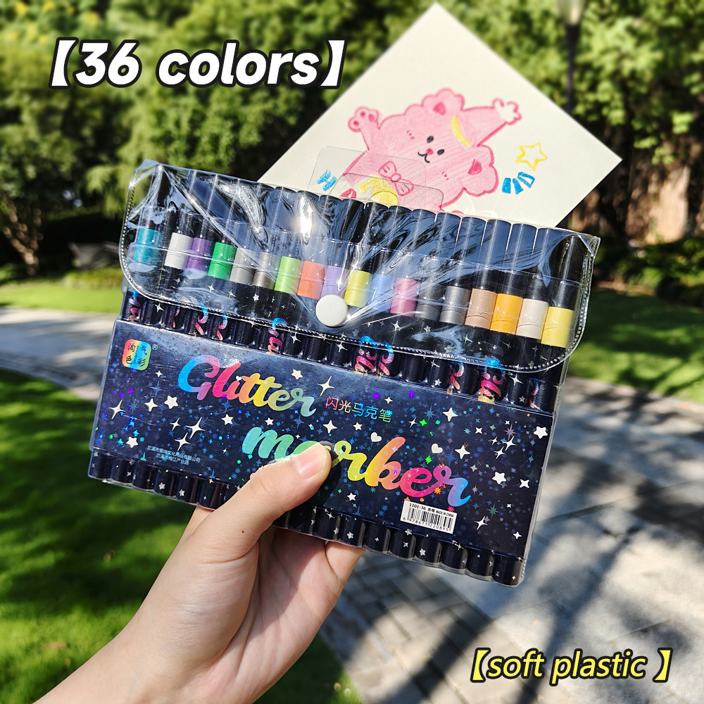 Explosiones transfronterizas de cabeza suave flash resaltador conjunto de pintura de acuarela para niños estudiantes con marcador de polvo flash