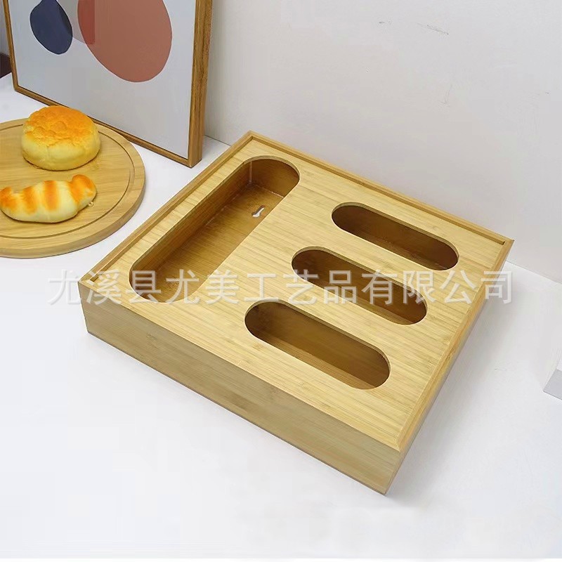 Creativa caja de envoltura de plástico de bambú y madera caja de almacenamiento de bolsa ziplock caja de papel de aluminio cortador caja de bambú integral al por mayor